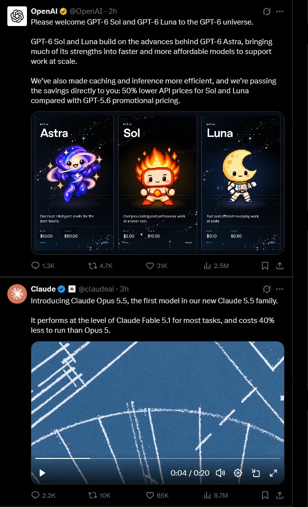 tukifer_'s tweet photo. First thing I see when opening X. The AI race is starting to feel less like a race and more like a live feed. https://t.co/0AEmDjMKrm