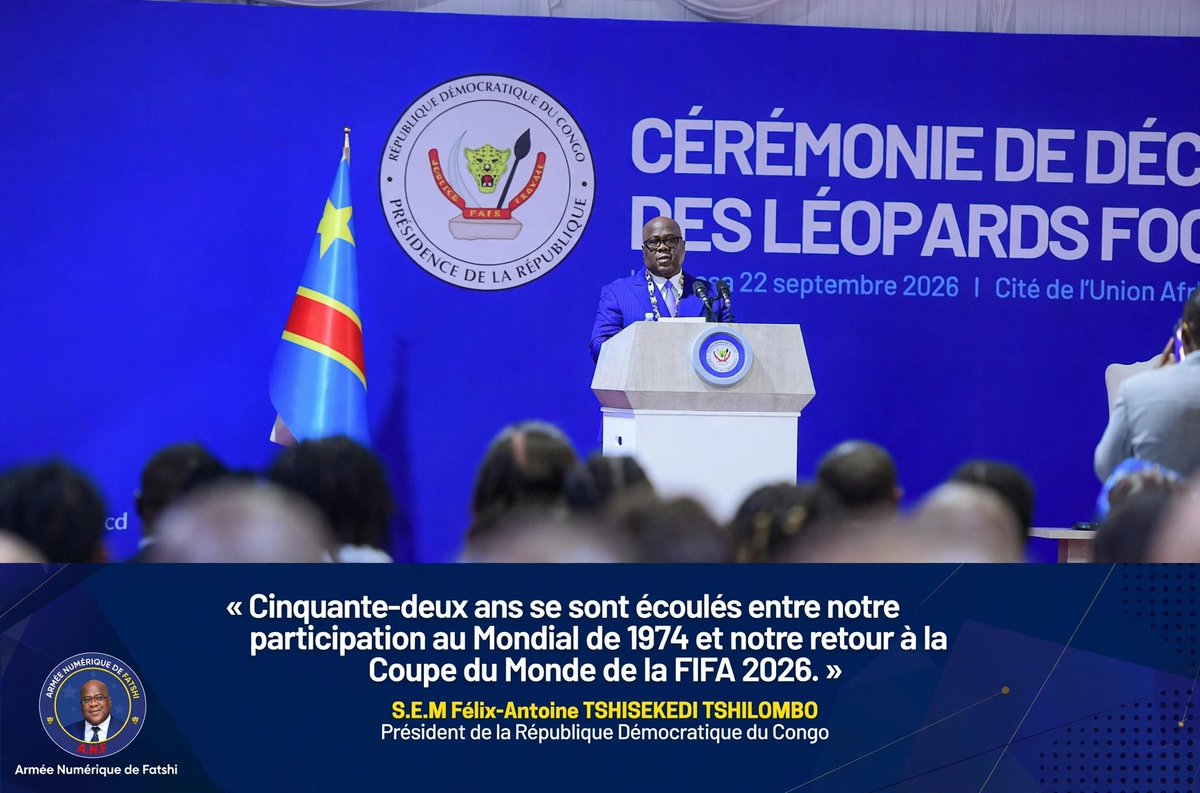 ANFatshi05's tweet photo. Ce mardi 22 septembre, à la Cité de l’O.U.A, le Président Félix-Antoine Tshisekedi Tshilombo a décoré les Léopards et leur staff au rang de Chevaliers de l’Ordre national du Léopard, en reconnaissance de leur parcours historique à la Coupe du Monde 2026.

Le Chef de l’État a rappelé que « cinquante-deux ans se sont écoulés entre notre participation au Mondial de 1974 et notre retour à la Coupe du Monde de la FIFA 2026 ».

Au nom de ses coéquipiers, Yoane Wissa a salué un accomplissement collectif et l’union de toute la nation derrière ce parcours.
@Presidence_RDC @FelixUdps @FecofaRdc