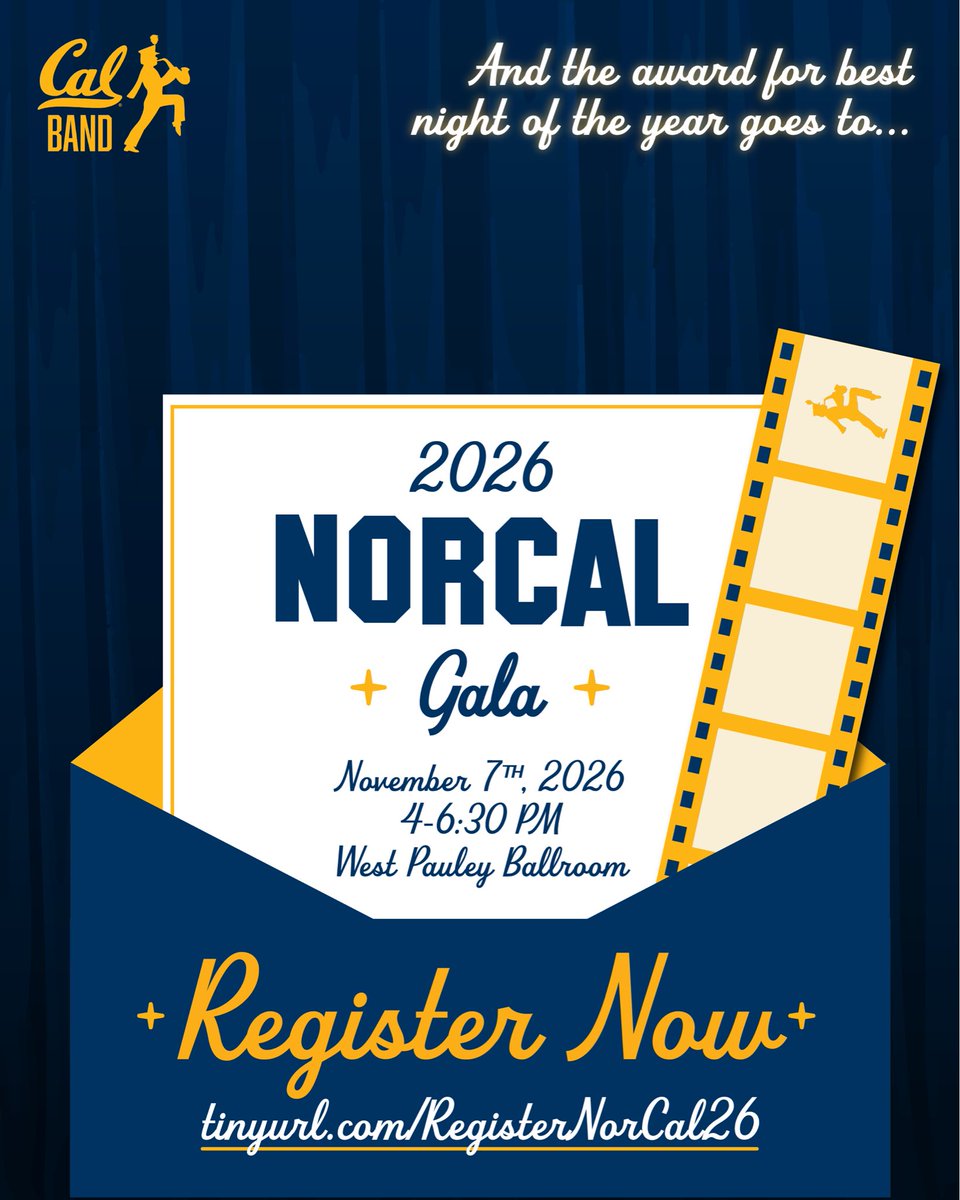 CalBand's tweet photo. Lights, camera, Cal Band! 🌟

You are cordially to this year’s annual NorCal Gala. Come see the Cal Band steal the show via curated exhibits, remember our favorite stories, and discover new tales as Cal Band marches toward its future. (1/3) https://t.co/YeHXallncF