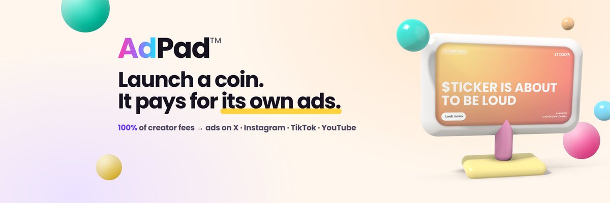 AdPadxyz's tweet photo. A launch that pays for its own ads. Every trade funds the next campaign — you pick the platforms, the AI desk does the rest, and every lamport is posted publicly. No marketing budget, no top-ups, no screenshots-as-proof. https://t.co/hNuXeybl0a