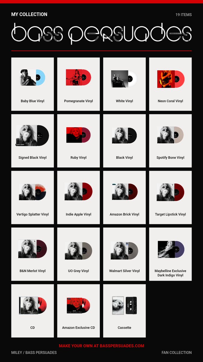 mileychrist's tweet photo. my bass persuades collection so far!! https://t.co/zAqiiNejCg