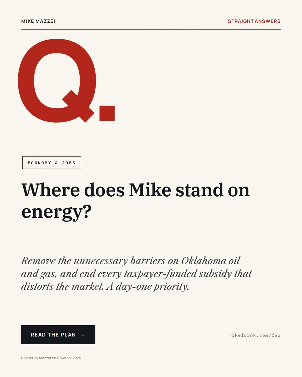 MazzeiMike's tweet photo. Oklahoma energy doesn't need help. It needs government out of the way.

Remove the unnecessary barriers on our oil and gas industry, and end every taxpayer-funded subsidy that distorts the energy market. That's a day-one priority.

Straight answer, written plan: https://t.co/EfNutYwKwy