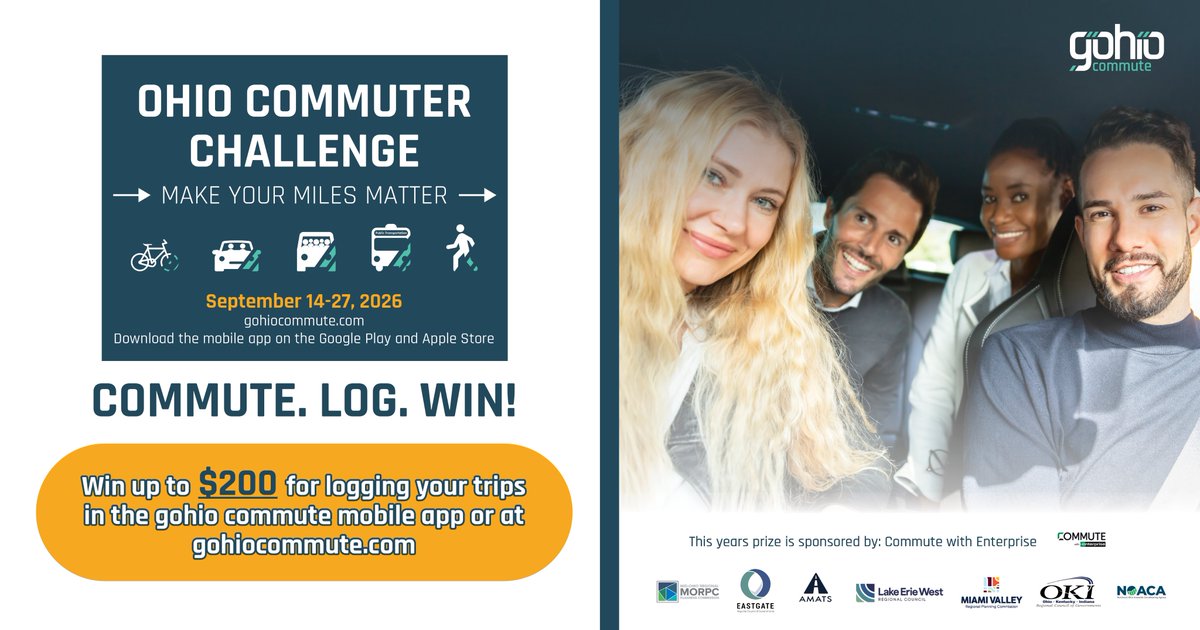 mvrpc's tweet photo. Have a longer commute?
Share the ride, drive less and log your eligible trips at https://t.co/iayObW9Hpl.
#OhioCommuterChallenge https://t.co/dRhZ4sMS74