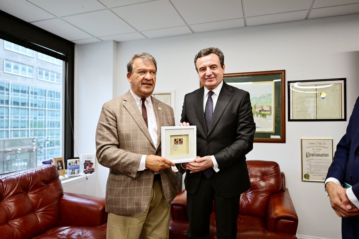 albinkurti's tweet photo. Pleased to meet with Congressman George Latimer (@RepGLatimer) in New York, who has been a strong and important voice for Kosova, particularly in support of its NATO accession.

We discussed a range of topics, including Kosova’s economic growth, its achievements in strengthening safety and security, and its growing recognition and engagement with international institutions. We also discussed the enduring partnership between Kosova and the United States, including our cooperation in defense and development.

Our conversation also focused on regional security, including concerns about the Russian support for destabilizing activities.

The United States is a cherished ally of Kosova, and we are deeply grateful for the strong bonds of friendship and bipartisan support we enjoy across both chambers of the U.S. Congress.