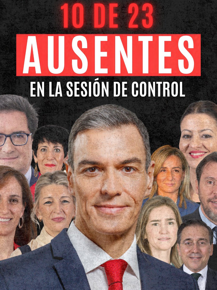 Mtelladof's tweet photo. Hoy casi la mitad del Gobierno no cumplirá con su obligación de acudir al Congreso para rendir cuentas a los españoles. 

5 de los 9 ministros que dejarán su escaño vacío tienen responsabilidades directas en la crisis de Ceuta. No quieren dar la cara ni por su desastrosa gestión de la invasión ni por la corrupción que les carcome. 

Pronto España volverá a tener un gobierno que respete las instituciones y que defienda y proteja la separación de poderes.