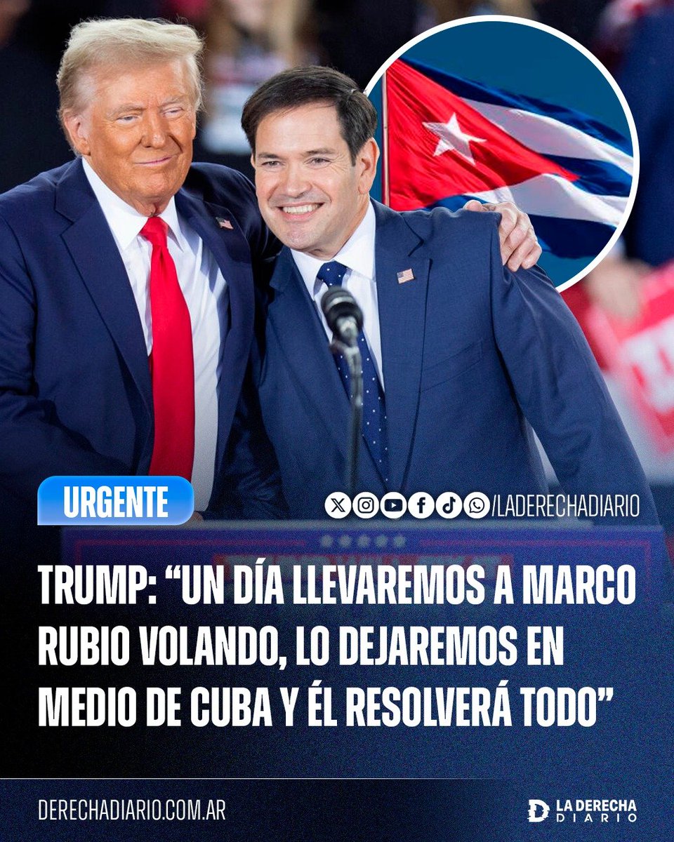 laderechadiario's tweet photo. 🚨🇺🇸🇨🇺 | TRUMP BASADO: "UN DÍA LLEVAREMOS A MARCO RUBIO VOLANDO, LO DEJAREMOS EN MEDIO DE CUBA Y ÉL RESOLVERÁ TODO".

Tras anticipar la caída del régimen comunista cubano en la Asamblea General de la ONU, Trump bromeó con su secretario de Estado, Marco Rubio, y aseguró que se encargará personalmente de liberar al pueblo cubano del socialismo castrista.
