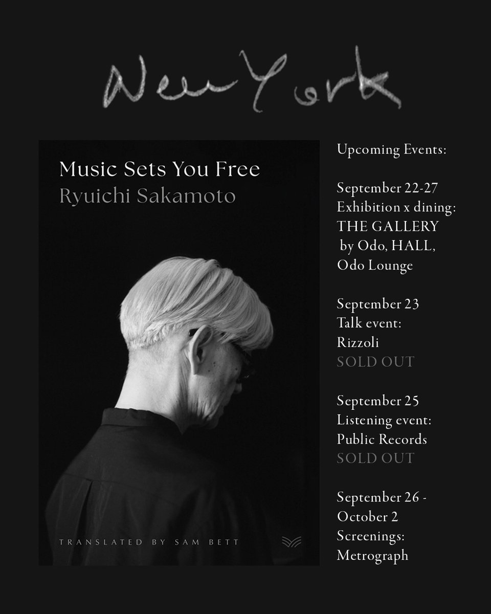 ryuichisakamoto's tweet photo. HAPPY RELEASE DAY!

Ryuichi Sakamoto's intimate, special New York exhibition opens today at THE GALLERY by Odo.
The first English translation of Ryuichi Sakamoto's autobiography, Music Sets You Free, is released today.

Get your book: 
https://t.co/IYtiviXurA

We are celebrating Ryuichi's life and legacy in New York, the city he called home, with a special exhibition featuring rare photographs, displays of his discography and books, and Sakamoto's personal Bertoia sound sculptures.
https://t.co/upbgTDKAMy

This week, celebrate Ryuichi Sakamoto's book release from HarperVia at Rizzoli Bookstore, Public Records, and Metrograph throughout NYC.
https://t.co/esLbTc32HY

Join us to honor Ryuichi Sakamoto.
The UK edition releases tomorrow.

#ryuichisakamoto 
#musicsetsyoufree
#newbookrelease 
#autobiography 
#exhibition