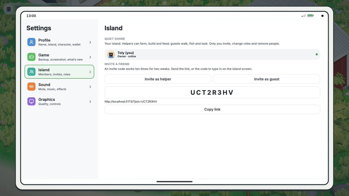 tolychat's tweet photo. Islandbound — Updates 2026-09-22 (v0.34–v0.35)

• Your island now lives in your account: sign in with Phantom on any browser and it is there.
• Play together: Settings → Island makes invite codes; friends join as helper or guest and you see each other.
• Three roles — owner, helper, guest. Guests walk, fish and look; helpers farm and build with you.
• Bug reports go straight to the server — no more files to attach.
• Playing together is smooth now: friends walk past you fluidly instead of jumping around.
• What a friend digs, paves or clears shows up on your island within a moment — no waiting for the grass.
• You can see friends swing their tools — digging, chopping, planting and cutting grass.
• Boxed in after stepping out of your house? The island moves you to open ground — no more getting stuck.