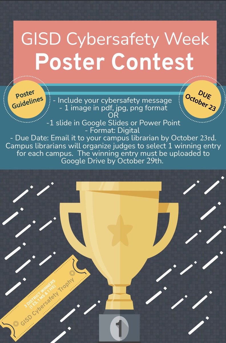 Toler_Texans's tweet photo. Calling all student artists! If you’d like to participate in the district’s cybersafety poster contest, please submit your entry to our librarian, Mrs. Escobar by 10/23/26! 
Contact her at EEscobartavares@garlandisd.net for more info!

We can’t wait to see your creative entries! https://t.co/udJ0z8GFMF