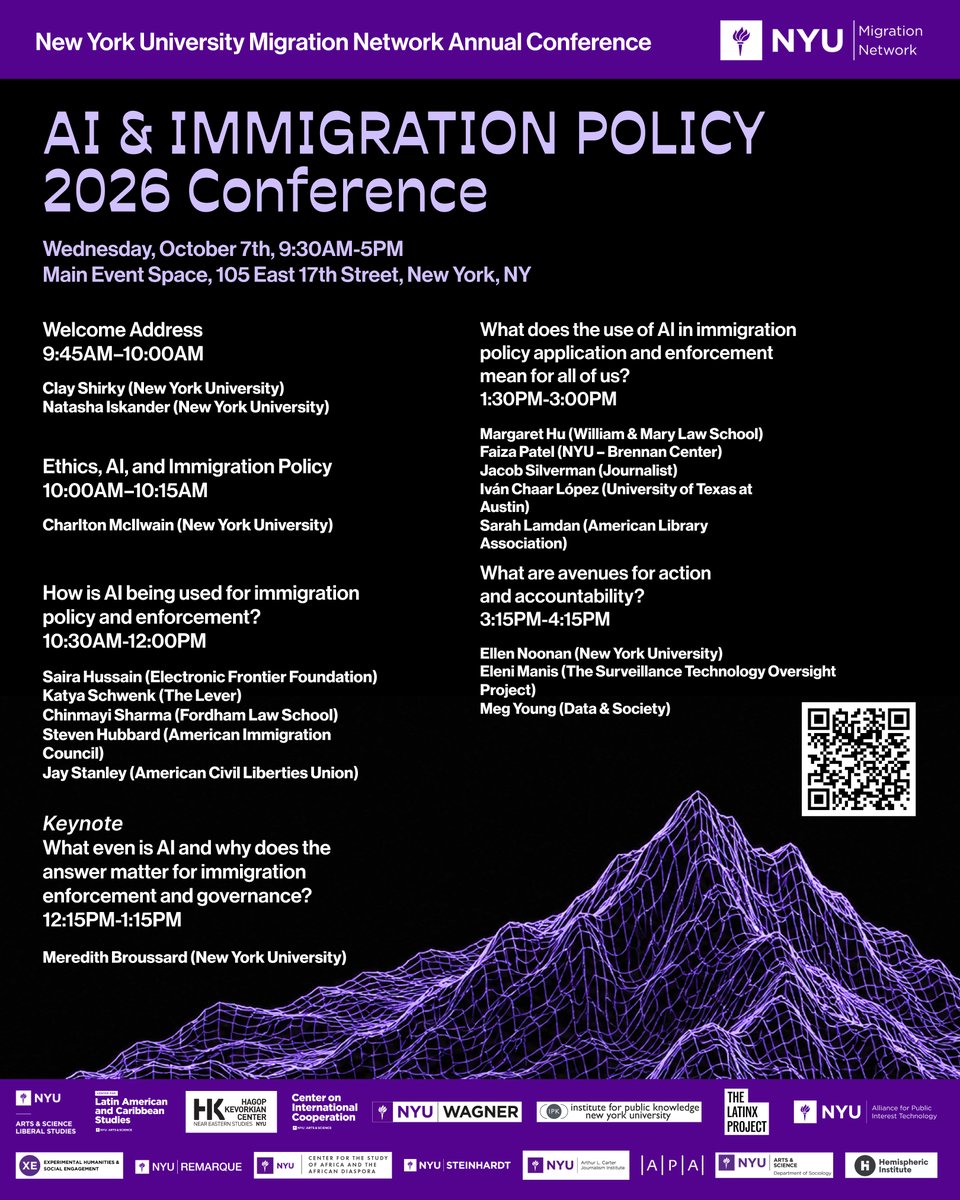 nyuCIC's tweet photo. 🤖 How is artificial intelligence (AI) shaping immigration policy, and who gets a say in how it’s used?

On October 7, #NYUCIC is pleased to co-sponsor the 2026 NYU Migration Network annual conference.

🗣️ Scholars and journalists will explore how AI is being used in #immigration policy today, the ethical questions it raises, and how emerging technologies could shape policy in the years ahead.

✊ The program will also feature #NYC community advocates discussing activism, action, and accountability.

Join us for a conversation that connects research with the communities affected by these policies.

Register today! ⤵️
https://t.co/er3fd5FBrJ

#AI #Migration