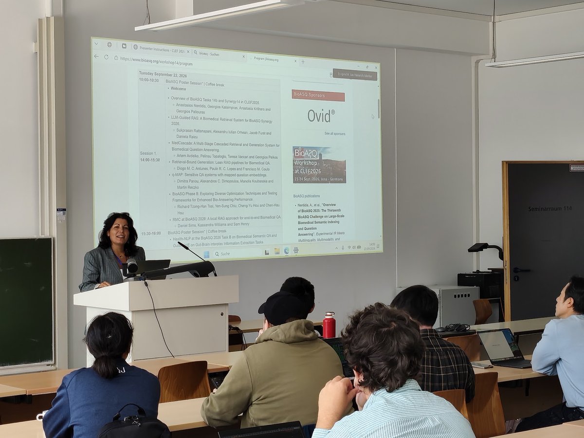 BioASQ's tweet photo. The 1st day of the 14th BioASQ workshop #CLEF2026, on tasks 14B, Synergy14, MultiClinSum-2, &amp; BioNNE-R, is over! 
Stay tuned for the 2nd day, featuring tasks ElCardioCC &amp; GutBrainIE, an invited talk by Prof. Axel-Cyrille Ngonga Ngomo, &amp; the winner announcement!

#clef_initiative https://t.co/BdtVZxiyuC