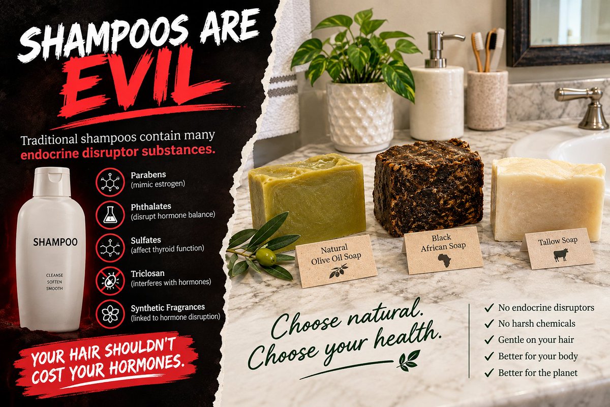 NaturalMaxxer's tweet photo. We are poisoning ourselves without realising it! Certain common ingredients in shampoos act as endocrine-disrupting chemicals (EDCs) altering immune system pathways. 
Keep ascending with these fully natural @Soaps https://t.co/cs1Jn1VSlg