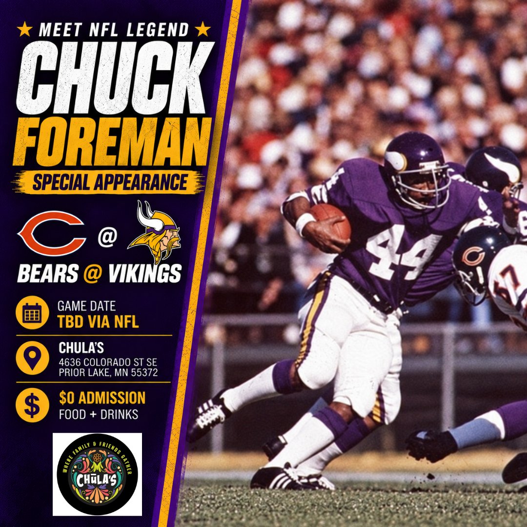 ChuckForeman's tweet photo. Let's close out the season strong! I'll be at Chula's in Prior Lake for a watch party in week 18 as the Vikings host the Bears. 

The date and time are still TBD via the NFL. More details to come!   

https://t.co/Bj6LhYIhLP https://t.co/hDjUSDQ7ny