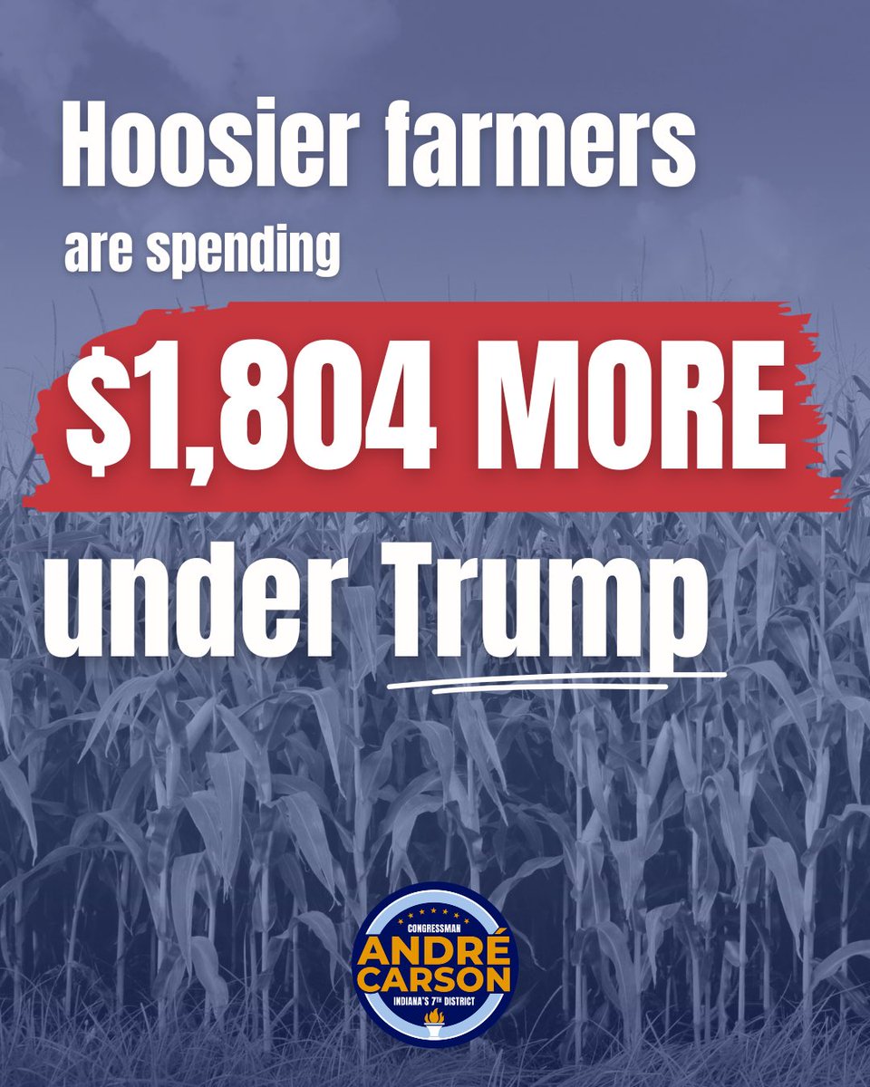 RepAndreCarson's tweet photo. Hoosier farmers are spending $1,804 more this year just to fill up their tanks. This is the cost of Trump's war. https://t.co/KSP4sLOfHX
