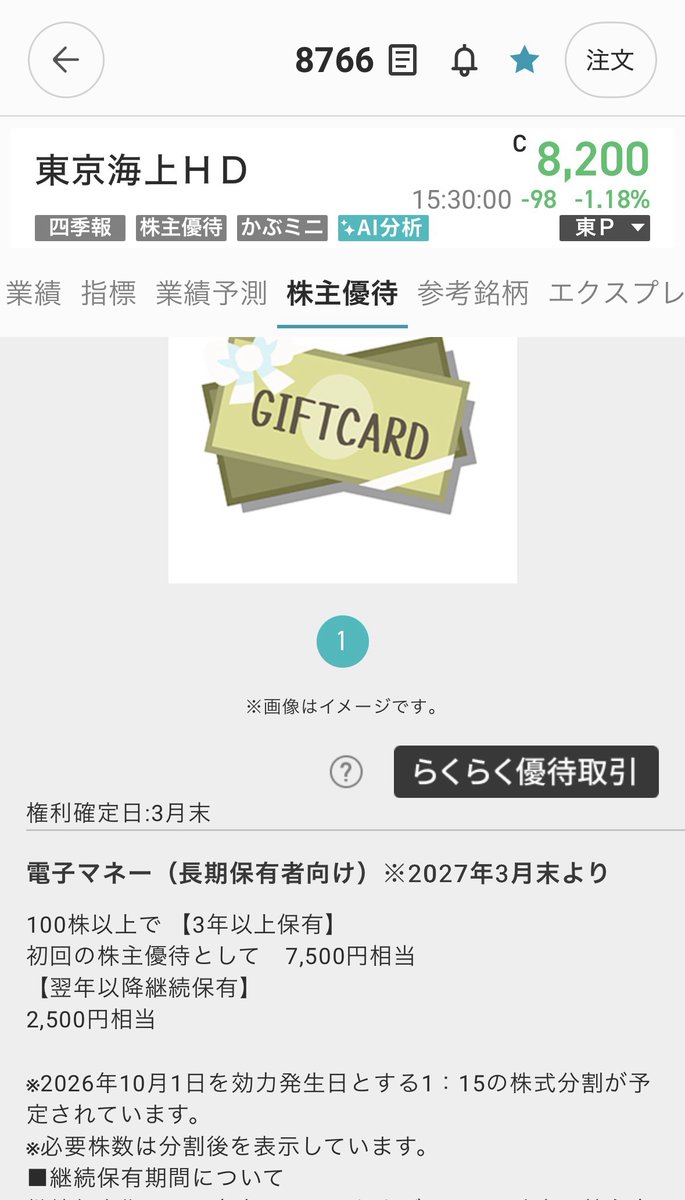 sudamaru_toushi's tweet photo. 7株だけも保有したい銘柄！

東京海上ホールディングス（8766）が株主優待を新設

【ポイント】
・10/1に15分割された100株でOK
　→今7株買えば105株になる

・初回は7500円相当のデジタルギフト
　※2027年3月分

母が買っていなかったことに気づき7株だけ購入予定 https://t.co/hjkbenr944
