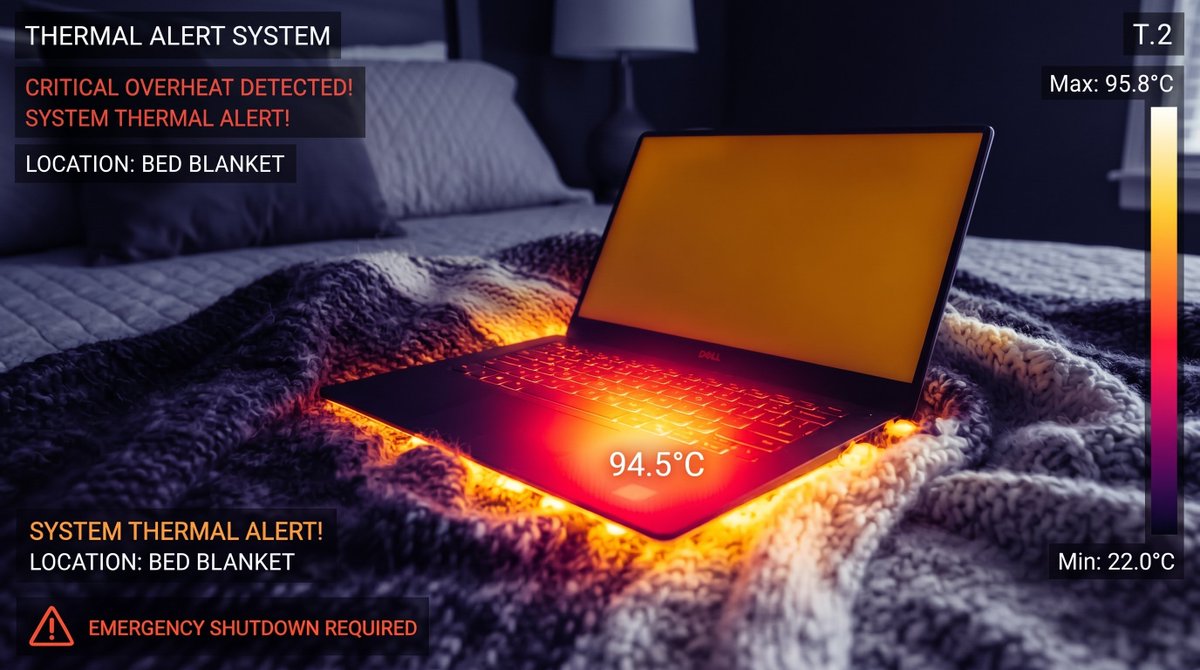 ARAISAtech's tweet photo. Usar tu laptop sobre la cama o los cojines es una sentencia de muerte para su placa base. 🛏️🔥 La tela bloquea las tomas de aire, disparando la temperatura del procesador. Úsala siempre en superficies sólidas o con bases elevadoras. ¡Cuida tu equipo! #Hardware #ARAISAtech https://t.co/ppSmtl0z61