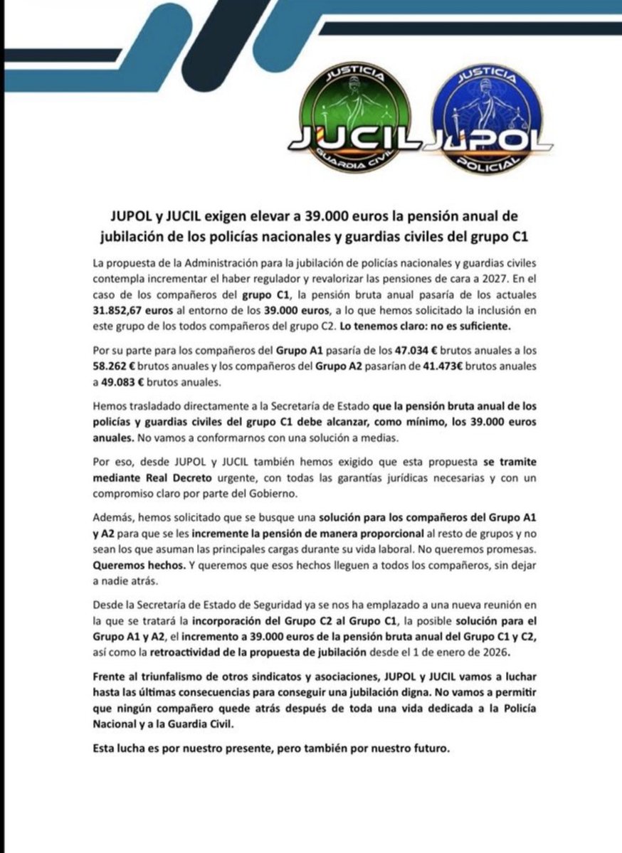 jusapol's tweet photo. 🔊 Está lucha es por nuestro presente, pero también por nuestro futuro.

🔵🟢 JUBILACIÓN DIGNA para todos los Policías Nacionales y Guardias Civiles.

Desde JUSAPOL, movimiento que engloba a una amplia mayoría de compañeros, apoyamos la exigencia realizada por @jucilnacional y @JupolNacional de elevar a 39.000 € la pensión anual del grupo C1.

➡️ Incluidos a todos los compañeros del grupo C2.
 
#EquiparacionYa #JubilacionDignaYa #ProfesionDeRiesgoYa