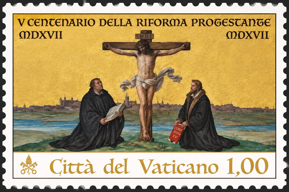 equesdomini's tweet photo. Cuando te llamen «protestante» por apoyar a la FSSPX, recuerda esto:

En 2017 el Vaticano emitió un sello para conmemorar los 500 años de la Reforma protestante.

Lutero y Melanchthon, arrodillados a los pies de Cristo crucificado.

Pero el cismático y el problema eres tú. https://t.co/OE8DFCSc1U