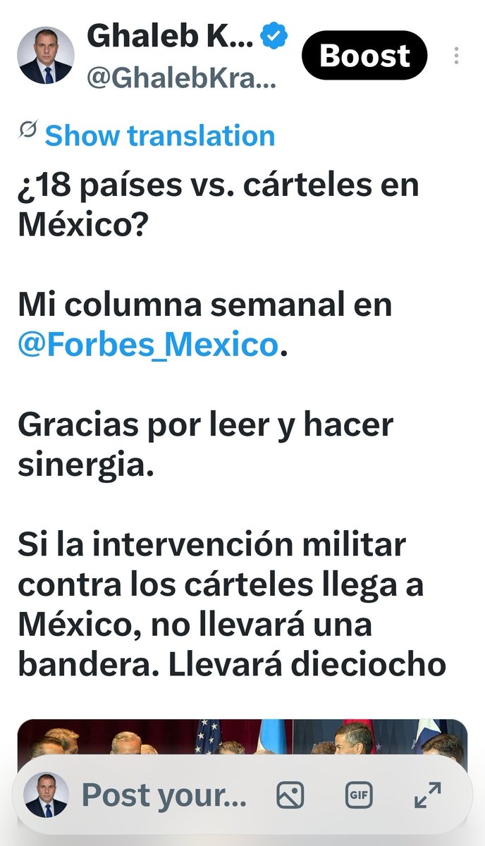 GhalebKrame's tweet photo. No es una sorpresa. Lo adelanté en mi columna de @Forbes_Mexico: el escenario hacia una acción multinacional contra los cárteles mexicanos ya estaba tomando forma.

Ahora lo reafirma @nytimes y eso es el comienzo a materializarse en el discurso internacional.

Mirroring Trump, Allies Are Expected to Label Latin American Cartels ‘Terrorists’ at U.N.G.A. - The New York Times https://t.co/HAnQ0sw1pT
