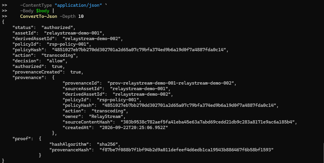 RelayStream_org's tweet photo. Week 2 build update ⚡

RelayStream Rights is moving from proof-of-concept to application-facing infrastructure.

Today I built a callable Rights API that can:

• Register real media + SHA-256 fingerprint
• Bind machine-readable rights policies cryptographically
• DENY unauthorized AI training
• ALLOW authorized media operations
• Generate provenance for authorized actions
• Detect policy, metadata & media tampering

The important part:

An application or AI agent can now ask:

“Am I authorized to do this with this media?”

RelayStream Rights returns a machine-readable decision — and authorized operations can produce cryptographic provenance.

Next: API → provenance → Solana Devnet anchor → transaction proof.

Building for the @Colosseum Crypto World’s Fair.

RelayStream Rights
Programmable Media Rights Infrastructure on Solana. ⚡