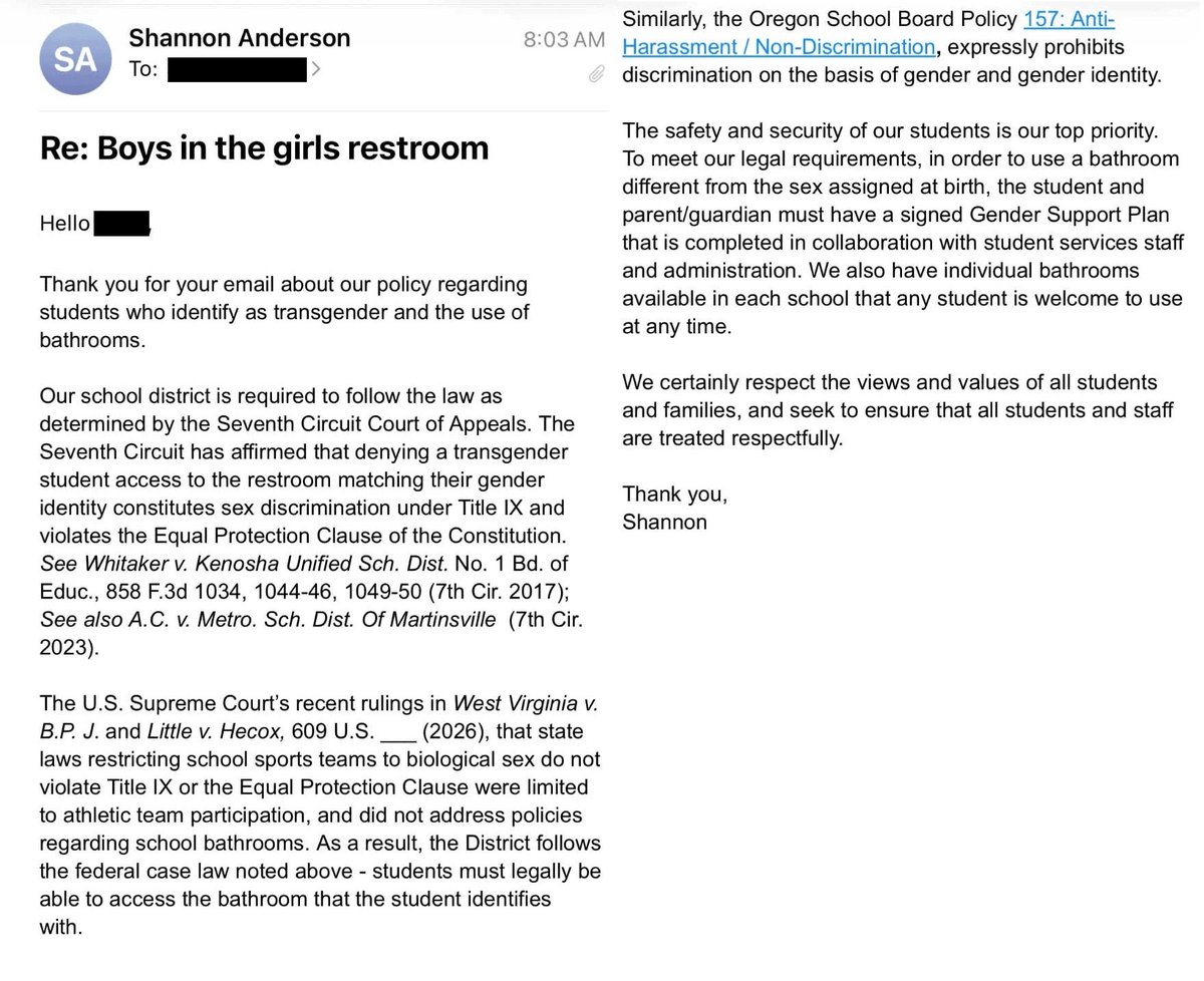scarlett4kids's tweet photo. 🚨WOKE ALERT: Oregon School District (Dane County) just told parents a male student who was in a violent fight at Oregon High School on Sept. 17 still gets the girls’ bathroom and locker room. 

Superintendent Shannon Anderson’s reason: Seventh Circuit case law and “Policy 157.”

Girls photographed him leaving the girls’ restroom. They waited in the hallway because they didn’t feel safe going in.
Anderson’s fix: single-stall bathrooms “any student is welcome to use.”

Parents say the girls were the ones told to leave.

Wisconsin K-12 education is so stupid.
Source: @HeartlandPostWI