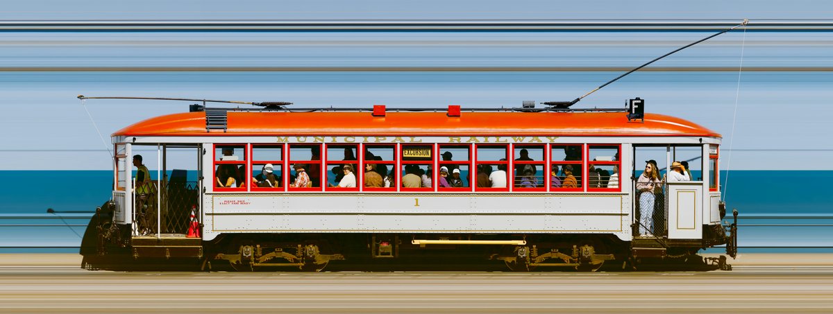 hackernews's tweet photo. A camera that only sees one column of pixels at a time turns out to be the perfect way to photograph a streetcar.

Daniel Lawrence Lu stood by the Muni tracks for three hours with a line scan camera, capturing about 10,000 one-pixel slices a second as each tram rolled past. 

Since the vehicle paints itself onto the frame, there's no perspective at all. The trams come out flat and dead-on, like the elevation drawings an engineer would make, while the background smears into stripes. And people don't blur either.

https://t.co/Txt5Ij05hd