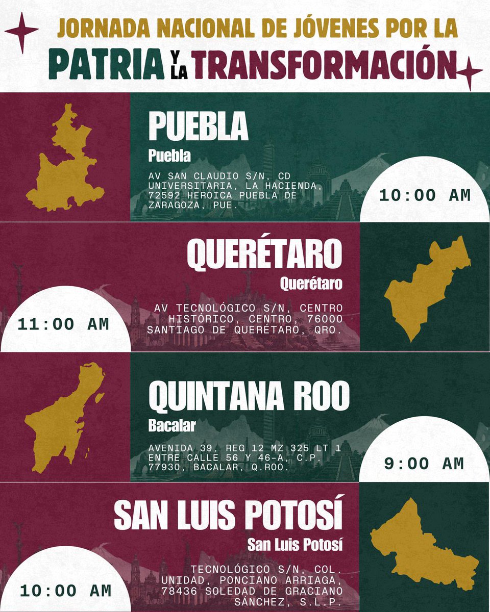 imjuvemx's tweet photo. 🇲🇽 ¿Ya viste dónde será la Jornada Nacional de Jóvenes por la Patria y la Transformación en tu estado? 👀

🗓️ Este 23 de septiembre
📍 Checa la ubicación, arma el plan y ¡súmate!

#jovenestransformandoméxico #jovenes #parati #fyp https://t.co/0jyrpFSN3S
