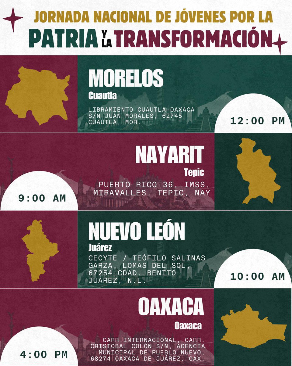 imjuvemx's tweet photo. 🇲🇽 ¿Ya viste dónde será la Jornada Nacional de Jóvenes por la Patria y la Transformación en tu estado? 👀

🗓️ Este 23 de septiembre
📍 Checa la ubicación, arma el plan y ¡súmate!

#jovenestransformandoméxico #jovenes #parati #fyp https://t.co/0jyrpFSN3S