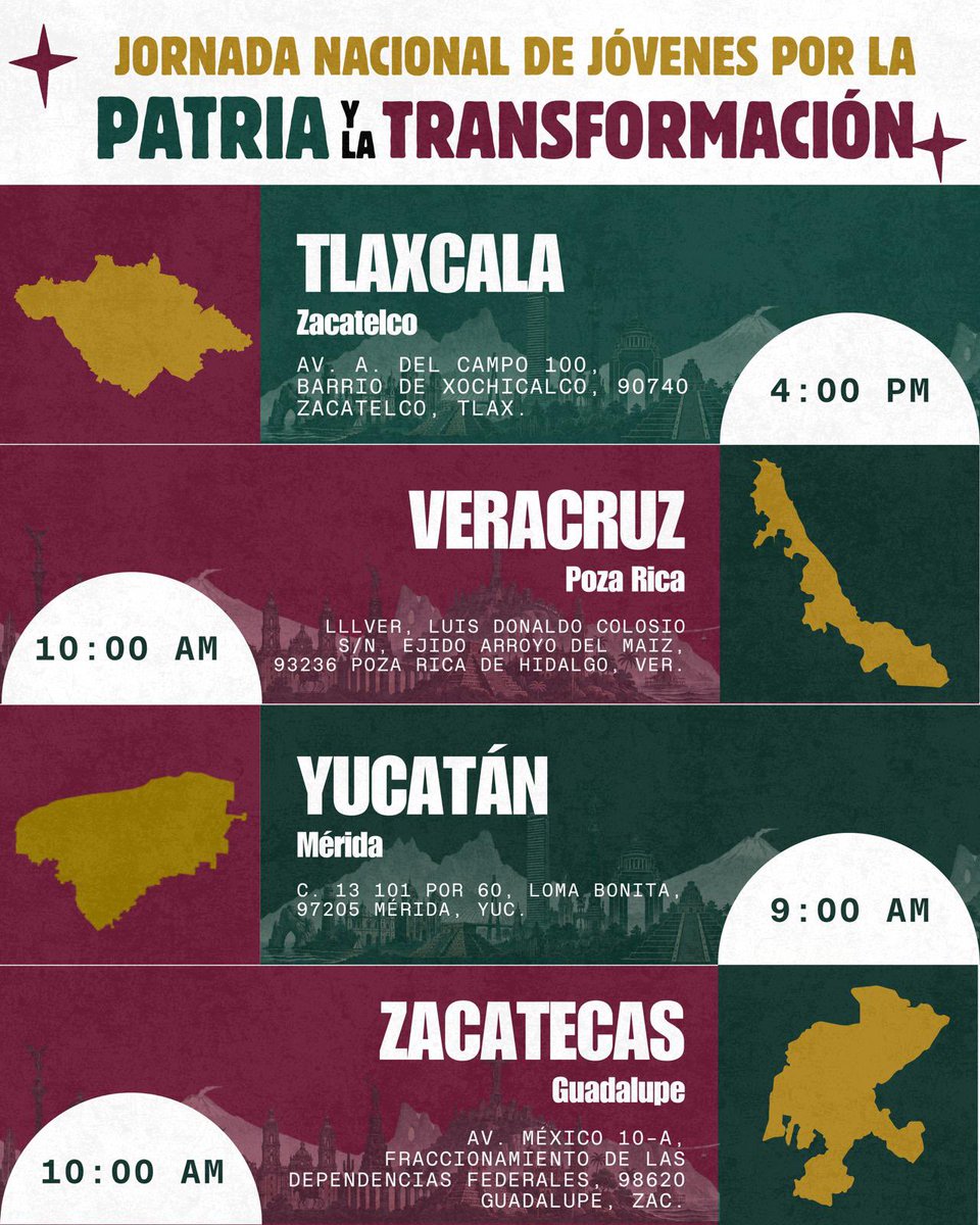 imjuvemx's tweet photo. 🇲🇽 ¿Ya viste dónde será la Jornada Nacional de Jóvenes por la Patria y la Transformación en tu estado? 👀

🗓️ Este 23 de septiembre
📍 Checa la ubicación, arma el plan y ¡súmate!

#jovenestransformandoméxico #jovenes #parati #fyp https://t.co/0jyrpFSN3S