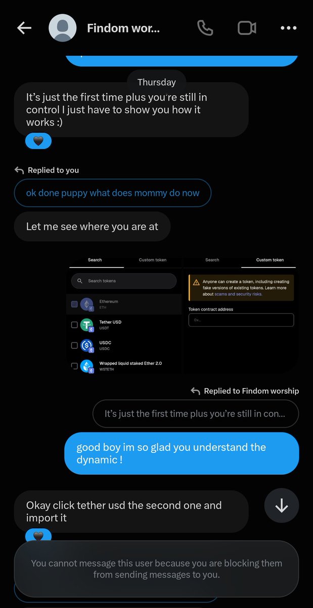 muttmaid99's tweet photo. watch out for @Addicted2send he will entice you with crypto pay out "because his wife will see throne" and then have you connect to an alternate RCP which creates a false version of the TETHER token which will appear in your account. be aware ladies and cash masters ! https://t.co/3aUYQMZIED