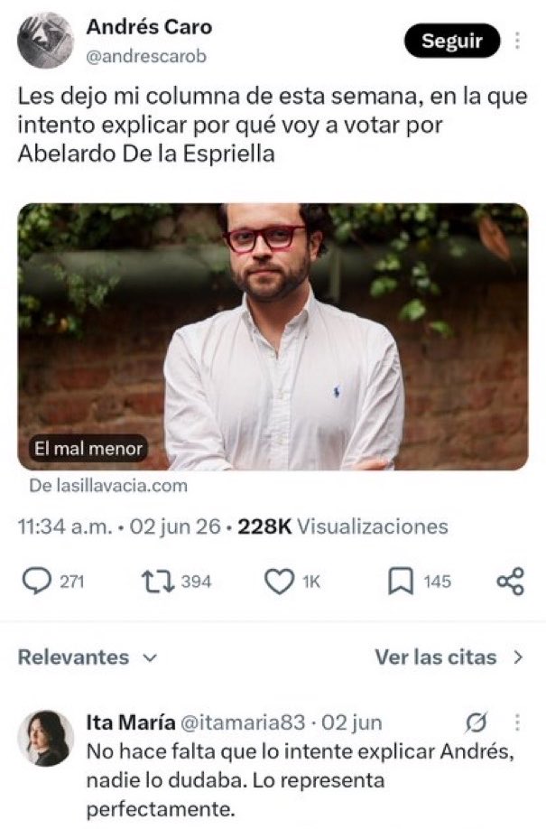 FisicoImpuro's tweet photo. Votaron e hicieron campaña por Abelardo de la Espriella y ahora que están viendo el desastre de país en el que nos estamos convirtiendo, se quieren hacer los pendejos. Esta red social no olvida de que usted fue uno de los ignorantes que permitió el ascenso del fascismo al poder y que hoy estemos como en los 90’s