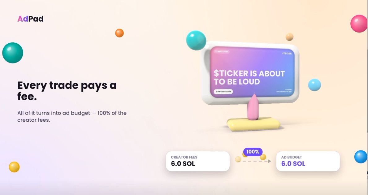 AdPadxyz's tweet photo. Thread

1/
Most launches die for one boring reason: nobody ever sees them.
AdPad fixes that with the money that's already there — the creator fees.

The first launchpad coin that advertises itself 🟣

2/
Normally the creator fee goes to whoever deployed the coin.

On AdPad 100% of it goes into a campaign wallet and buys ads for that same coin.
No top-ups. No marketing budget. The chart pays for it.

3/
At launch you pick where the ads run:

X · Instagram · TikTok · YouTube · Facebook · crypto sites, Telegram & Discord

Then you pick the type of creative inside each one — promoted post, story, reel, in-feed video, pre-roll, banner.
4/
An AI desk does the rest.

It writes one idea in every format (4:5 for the timeline, 9:16 for stories and Shorts, 16:9 for pre-roll), buys the placements inside your mix and your daily cap, and never touches the supply.

5/
It also learns.

Clicks, watch-through and new holders per platform and per format — it kills what's flat and moves that budget to what's working. Hourly, not weekly.
6/
And you can check all of it.

Every creative, every buy and every lamport lands on the coin's public page. Marketing you can audit instead of screenshots you have to trust.

7/
More volume → more fees → more ads → more holders → more volume.
The budget grows with the coin instead of coming out of your pocket. You keep the kill switch the whole time.

8/
CA: 6BgcruZfgz3yo1p2X9ZknS3uGSw39nEuqMVsxAYPyYQ3

Site's live — go pick a platform, drag the budget, watch the board write your ad.
Then tell us what's missing. We're reading every reply.

Launch loud.