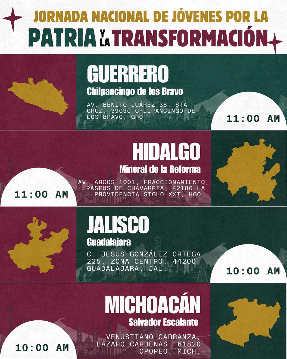 imjuvemx's tweet photo. 🇲🇽 ¿Ya viste dónde será la Jornada Nacional de Jóvenes por la Patria y la Transformación en tu estado? 👀

🗓️ Este 23 de septiembre
📍 Checa la ubicación, arma el plan y ¡súmate!

#jovenestransformandoméxico #jovenes #parati #fyp https://t.co/i9ycitATil