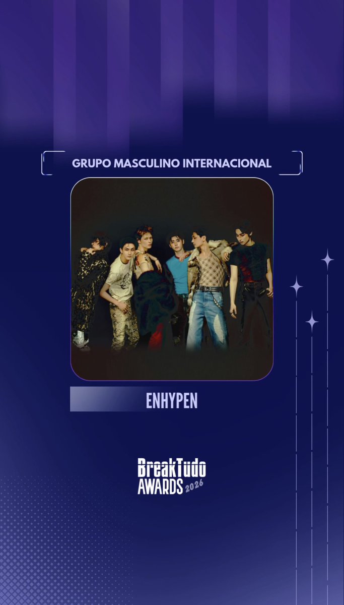 Brasil_ENHYPEN's tweet photo. 📣 [INFO] Amanhã (23/09) teremos a primeira parcial do BreakTudo Awards!

Lembrando que o ENHYPEN concorre em 3 categorias:
🏆 Grupo Masculino Internacional (ENHYPEN)
🏆 Clipe Internacional do Ano (BLOODY PARADISE)
🏆 Fandom Internacional do Ano (ENGENE)

Se vencer, o ENHYPEN recebe um troféu físico, além de ser uma ótima maneira de mostrarmos a força e o tamanho dos B-Engenes

🗳️Não deixe de votar até 17 de outubro em 
🔗 https://t.co/dhdu0vC4nz

@ENHYPEN_members @ENHYPEN #ENHYPEN #엔하이픈 #BreakTudoAwards