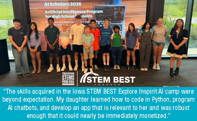 IowaSTEM's tweet photo. This past summer, 17 #STEMBEST models kept career-connected learning top-of-mind for students STEM BEST Explore funding. 

Ready to do the same for your students? Applications for new and returning schools to join STEM BEST are open through Nov. 3.

#IowaSTEM https://t.co/MdYwA8mcHL