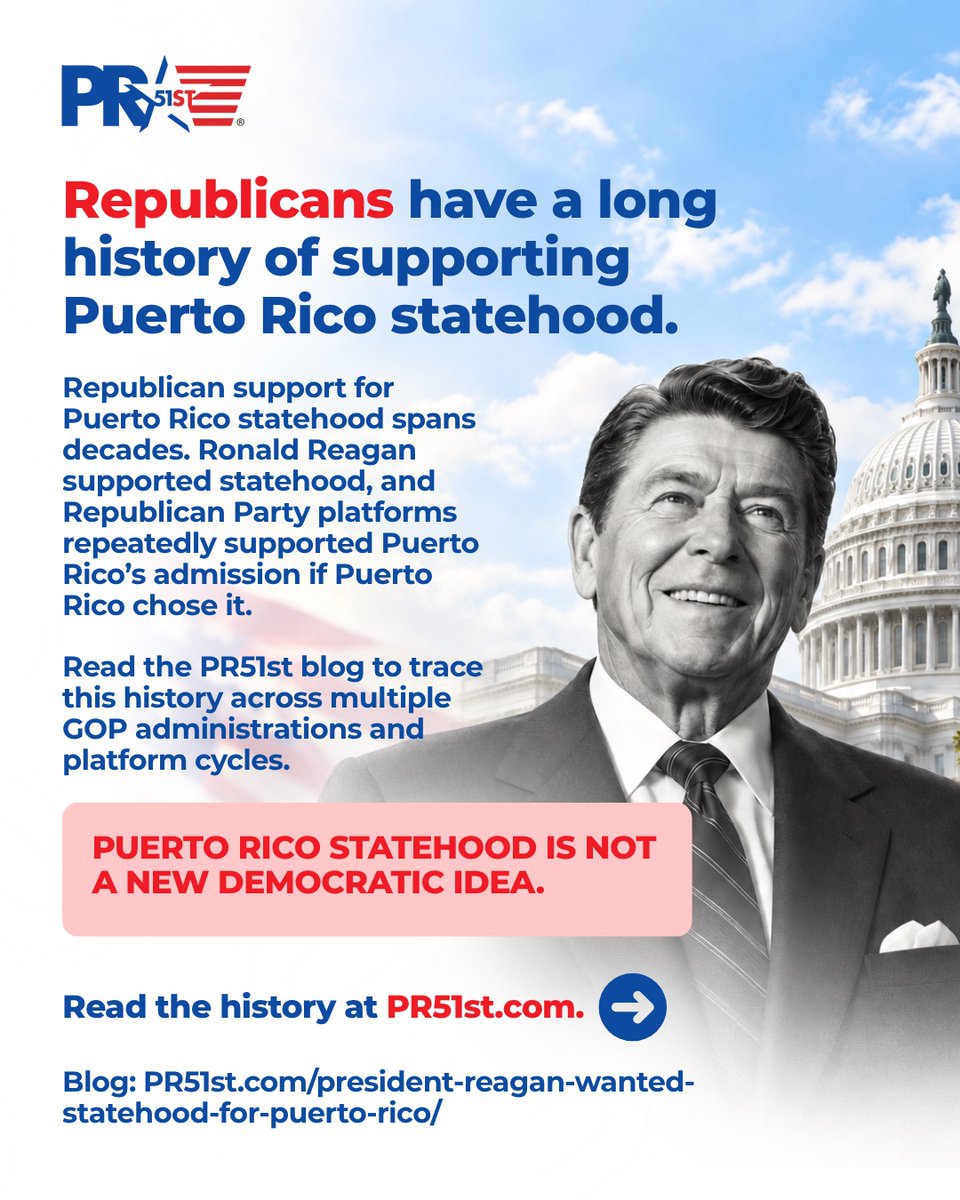 PuertoRico51st's tweet photo. And the history matters: Republican support for Puerto Rico statehood spans decades. Ronald Reagan explicitly backed statehood if Puerto Ricans chose it. Statehood doesn’t guarantee votes to either party. It gives Puerto Ricans the power to decide. https://t.co/l8i81PtZvQ
