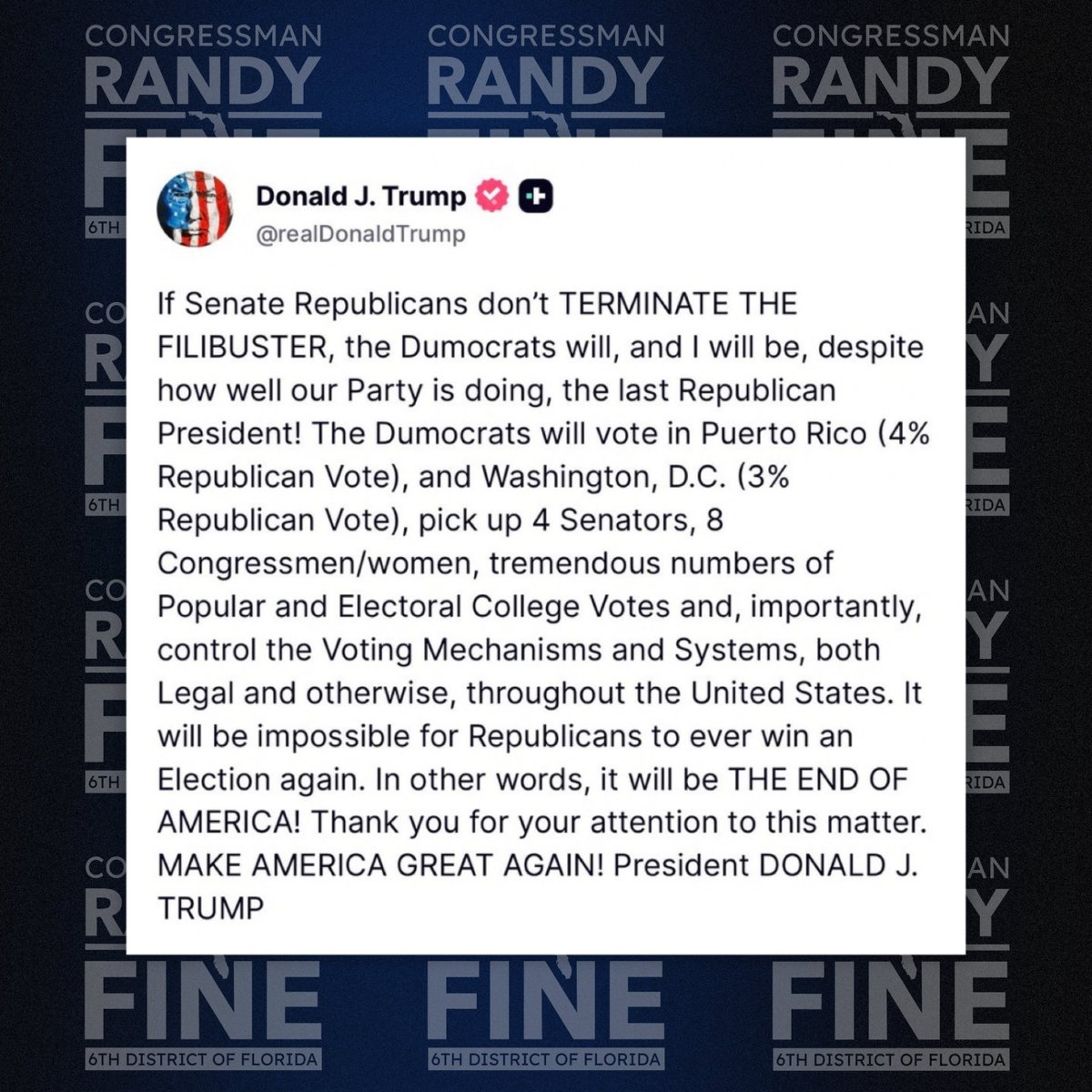 RepFine's tweet photo. President Trump is sounding the alarm for a reason.

Democrats will stop at nothing to destroy this country.

We either act now, or we watch them finish the job. https://t.co/hOHsTf9feb