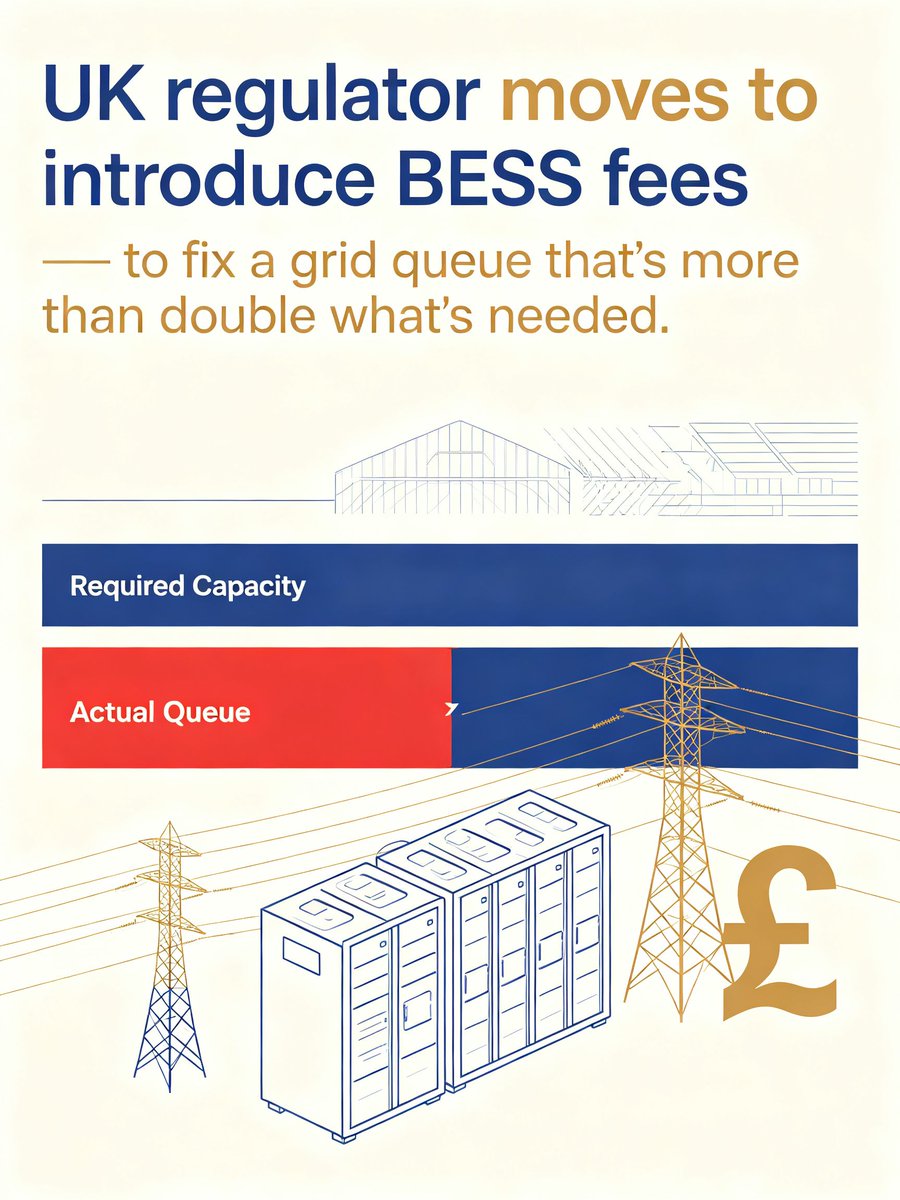 SNECPVPOWEREX's tweet photo. Ofgem is consulting on a new Oversubscribed Technologies Commitment Fee (OTCF) for battery storage in Great Britain's grid connection queue, calling it a "major intervention" to cut oversupply.

📊 The queue problem in numbers:

🔹 83 GW of grid-level battery capacity still prioritized in the new queue
🔹 +7 GW already operating
🔹 NESO cleared 40% of battery capacity from the queue in recent reforms — but the queue remains more than double what's needed for 2030 targets
🔹 If every project with a connection offer were built: 14.8 GW above NESO's 24 GW estimate for 2030, and 61.7 GW above the 29 GW needed by 2035

💰 How the fee would work:

▪️ Starts at £3,000/MW, rising to a maximum of £25,000/MW if the queue stays oversubscribed
▪️ Operators pay a security linked to proposed capacity to hold their place
▪️ Introduced via modification CMP470 — first proposed by developer Field Energy in March 2026
▪️ Likely to come into force July 2027

🔧 Possible adjustments under discussion:

▪️ Cap the fee at a project's maximum existing security exposure
▪️ Remove the fee once construction begins
▪️ Remove an exemption for certain co-located projects

🗓️ Industry consultation closes Oct 1, 2026

💡 SNEC's Insights:

This is a textbook example of a market design problem — and a lesson for every country scaling storage.
1️⃣First, grid queues are becoming the real bottleneck for storage, not technology or capital. When 83 GW is queued against 24 GW of need, the queue stops being a pipeline and becomes a speculative asset class. Projects hold places they may never build, blocking serious developers.
2️⃣Second, financial commitments are the right tool — if calibrated well. A £3,000–25,000/MW fee is designed to screen out speculation while remaining manageable for credible projects. The sliding scale is smart: it tightens automatically as oversubscription persists.
3️⃣Third, the design details matter enormously. Capping fees at existing security exposure, removing them at construction start, and revisiting co-location exemptions all determine whether this accelerates real projects or just adds friction. Badly designed, it could penalize legitimate hybrid projects.

The bigger picture: as storage scales globally, grid connection reform will become as important as cost reduction. Countries that build transparent, enforceable queue rules will deploy faster; those that don't will see their targets slip while paper projects pile up.

👇 Will financial commitment fees become standard practice for grid queues worldwide?

📖 Source: ESS News
Read the full article: 
https://t.co/FtULSXwlYT

#EnergyStorage #BESS #BatteryStorage #Grid #Ofgem #UK #EnergyTransition #CleanEnergy #Renewables #GridConnection #Storage #Sustainability #NetZero #SNEC