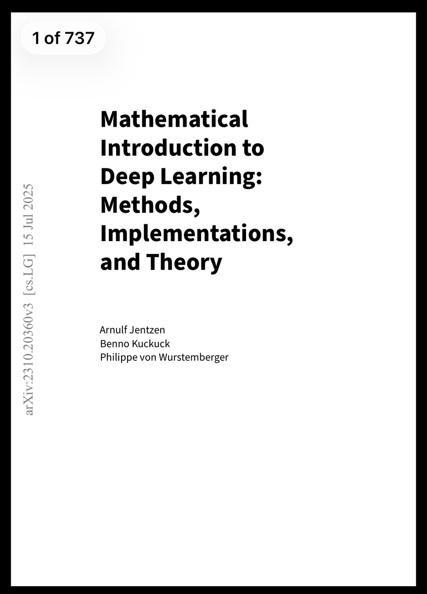 KirkDBorne's tweet photo. "Mathematical Introduction to Deep Learning: Methods, Implementations, and Theory"

Download 737-page PDF at https://t.co/a7DjJcg1F8 https://t.co/nhZRMMI6S3