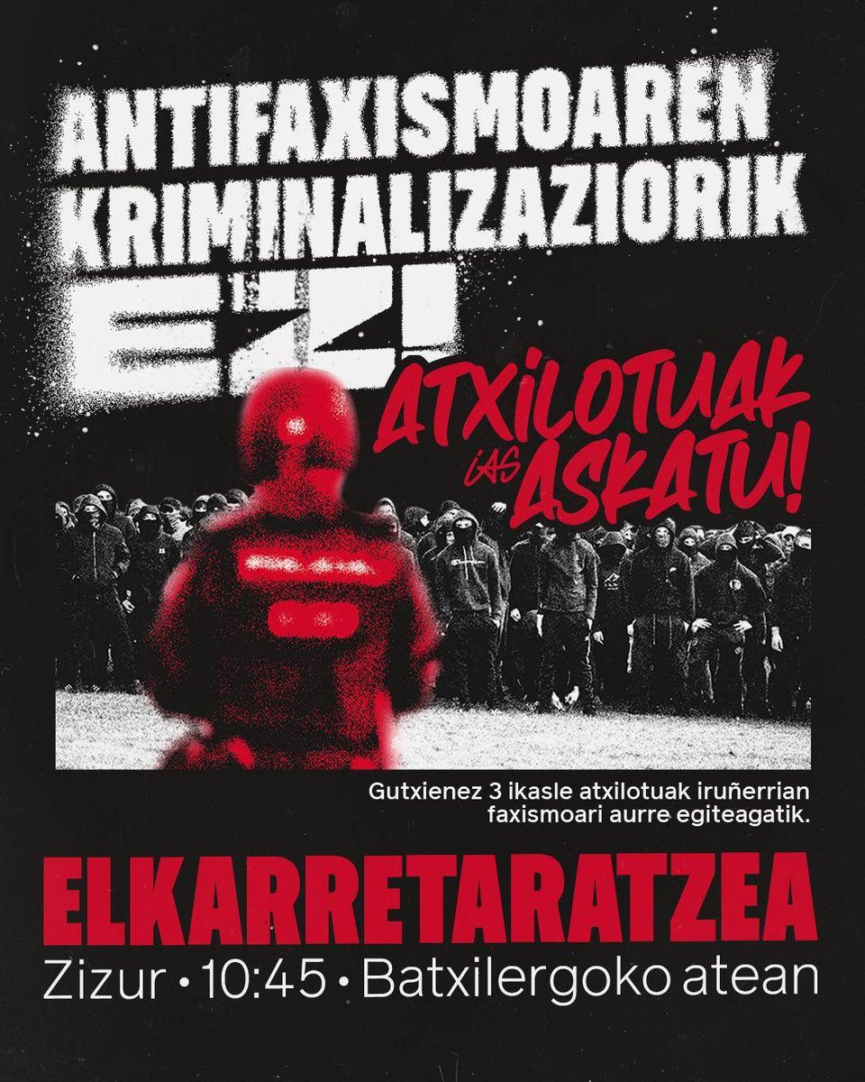 IAS_irunerria's tweet photo. Gaur gutxienez 3 ikasle atxilotuak izan dira Iruñerrian. Honengatik, elkarretaratzeak antolatu ditugu Iruñerriko hainbat ikastetxeetan. 

Batu elkarretaratzetara!

ATIFAXISMOAREN KRIMINALIZAZIORIK EZ! https://t.co/2XoLWoh2ey