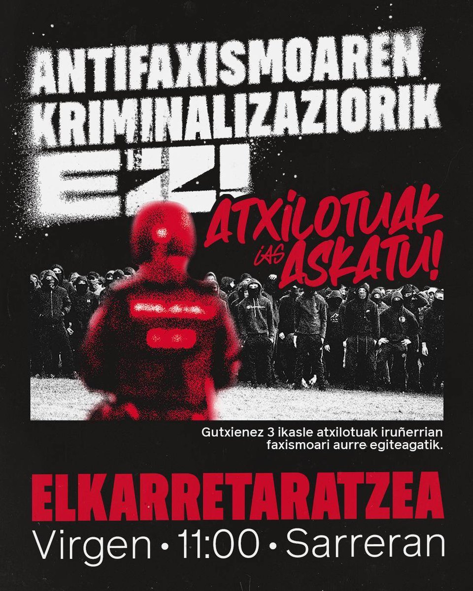IAS_irunerria's tweet photo. Gaur gutxienez 3 ikasle atxilotuak izan dira Iruñerrian. Honengatik, elkarretaratzeak antolatu ditugu Iruñerriko hainbat ikastetxeetan. 

Batu elkarretaratzetara!

ATIFAXISMOAREN KRIMINALIZAZIORIK EZ! https://t.co/2XoLWoh2ey