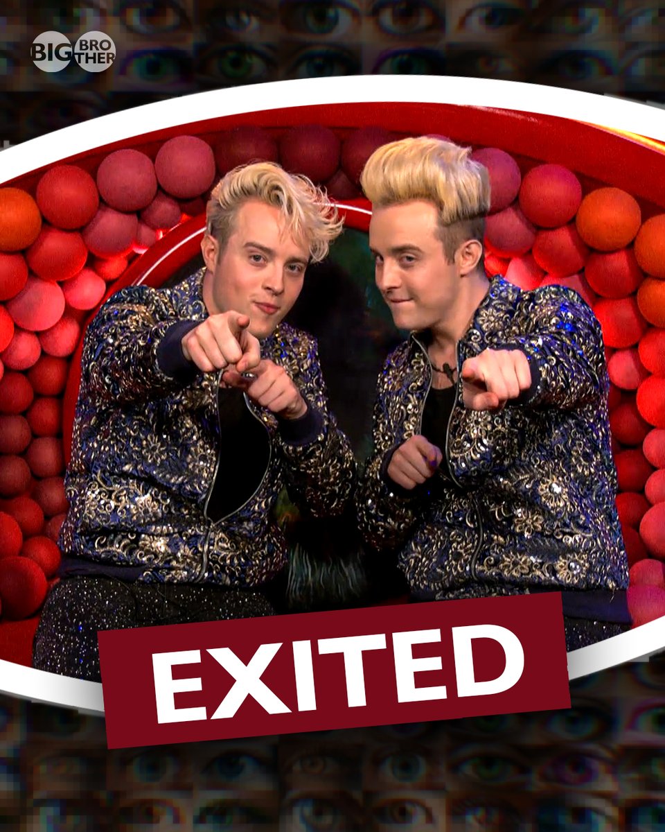 An image of Jedward pointing to the camera with text that says 'EXITED'