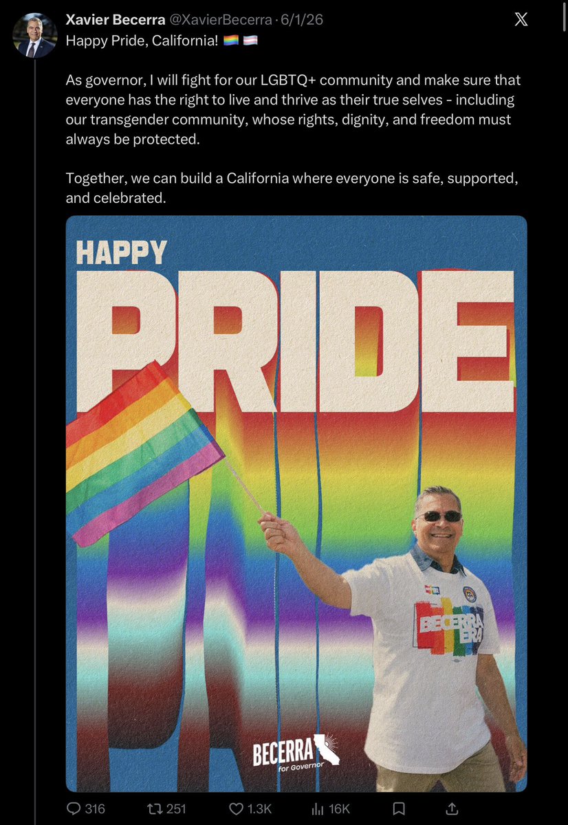 cwebbonline's tweet photo. Xavier Becerra didn’t just discover LGBTQ rights when it became politically convenient.

His record goes back to the 1990s, and transgender rights have been a huge part of it, from his time as California attorney general to serving as U.S. Health and Human Services secretary.

Becerra’s record on LGBTQ rights goes back decades. This is a long thread because his record is substantial.
🧵