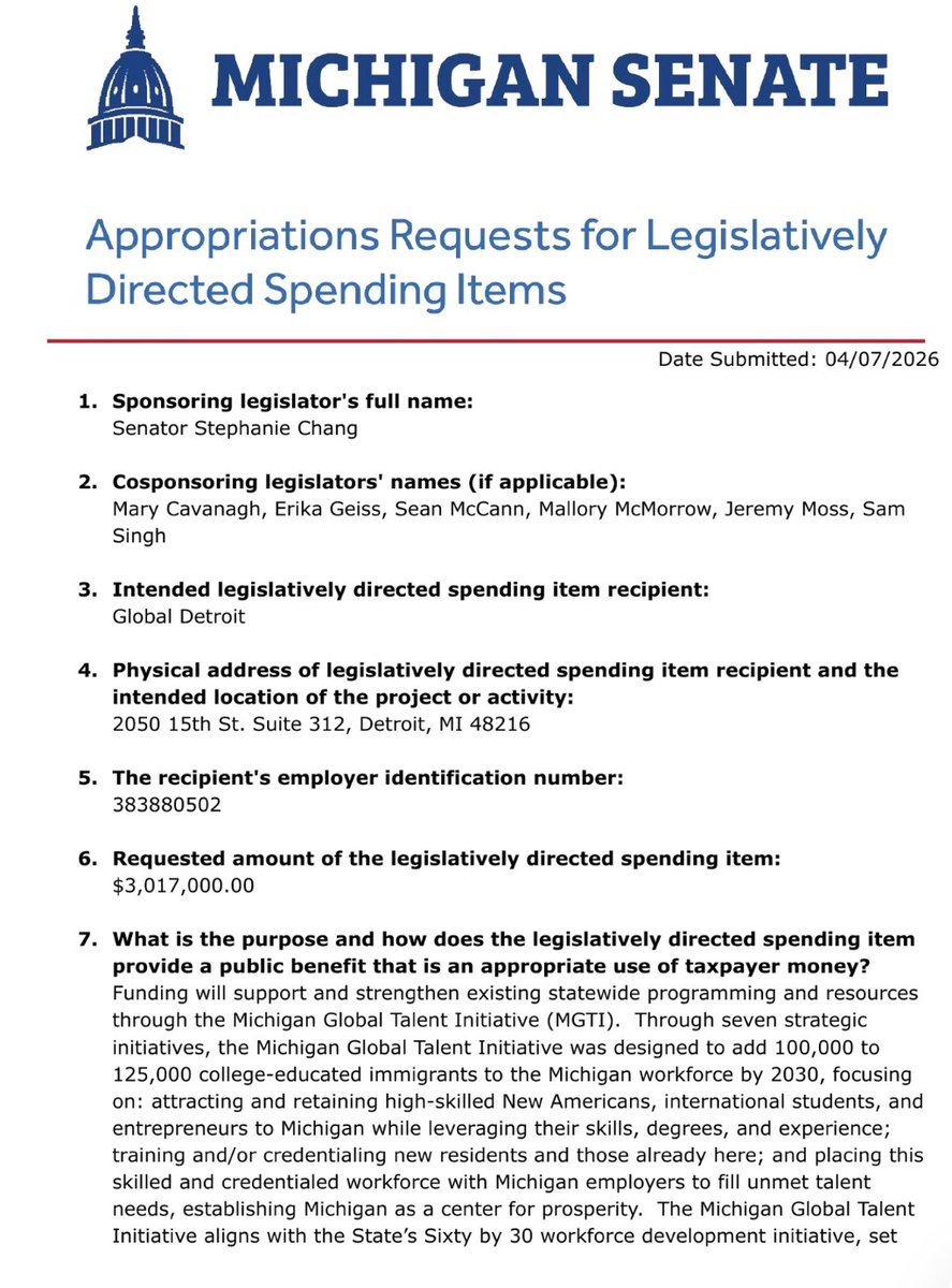 nataliegwinters's tweet photo. 🚨 Michigan Democrats want another $3 MILLION in taxpayer money to recruit, train and place IMMIGRANTS in Michigan jobs.

The program’s stated goal:

“100,000 to 125,000 college-educated immigrants to the Michigan workforce by 2030.”

The filing already reports $10 MILLION in previous state funding. Now they’re requesting $3,017,000 MORE.

Sponsor: Stephanie Chang.
Co-sponsor: Mallory McMorrow.

The program includes recruiting immigrants and helping those already here qualify for jobs.