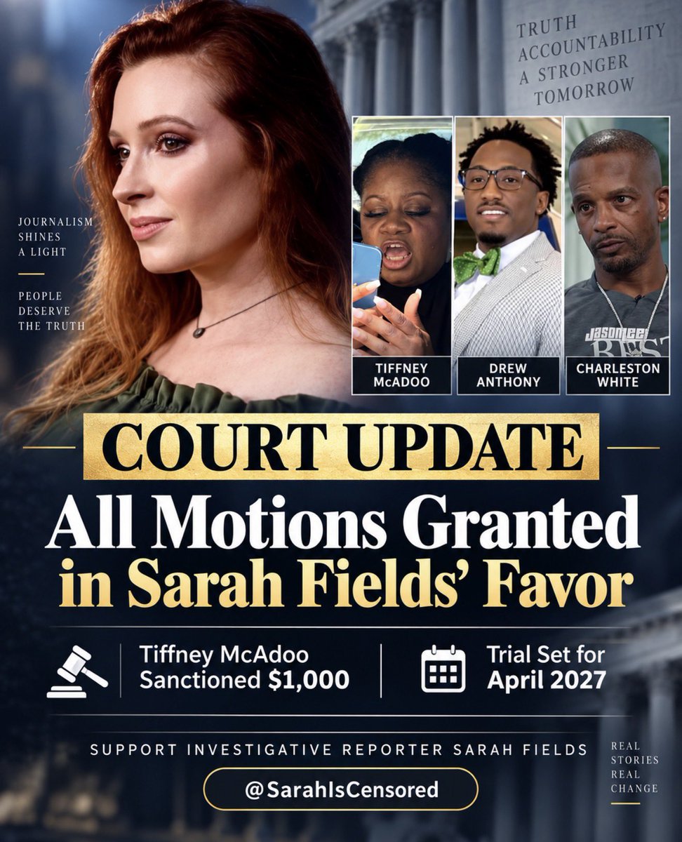 SarahisCensored's tweet photo. ANOTHER WIN IN COURT — AND THE ROAD TO ACCOUNTABILITY CONTINUES.

This morning, I attended another hearing in my case involving Tiffney McAdoo, Drew Anthony, and Charleston White. Every motion at issue today was decided in my favor. And can I just say - I have an amazing attorney, CJ Grisham.

Tiffney’s motions were denied, and the court sanctioned her $1,000 related to the deposition where she refused to answer questions, became aggressive, and said some pretty disgusting things toward me.

The court has also now put firm deadlines in place. It has become increasingly clear, in my opinion, that Tiffney intends to fight this every step of the way, prolong the case, and force me to continue spending money simply to hold these people accountable. The judge recognizes this will likely go to trial, and the trial date is now set for APRIL 2027.

Yes, that feels incredibly far away. Yes, this litigation is expensive. But I am thankful for the deadlines, thankful this case continues moving forward, and incredibly thankful for every person who has donated and helped me continue this fight.

This is a large lawsuit involving THREE separate individuals I am seeking to hold accountable for attacks, statements, and conduct directed toward me and my reporting surrounding the Karmelo Anthony case.

I am DONE accepting the idea that people can destroy reputations, spread lies, target families, weaponize their platforms, and then simply walk away without consequences.

Accountability is the goal.

And as I left court today, I was also headed to Ocean Springs, Mississippi - because the same principle is why I am going there.

The grand jury returned a NO BILL in the Nolan Wells case. There was no indictment. But anyone asking why I am still going because “the case is over” completely misunderstands my involvement from the beginning.

For Nolan’s friends, this is NOT over.

My work has always been about finding the truth surrounding Nolan’s death while refusing to sit quietly as young men were publicly dragged through the mud and accused of horrific things they did not do.

A no bill does not erase the threats, accusations, attacks on their families, or the damage caused when the internet decides someone is guilty before the evidence has been fully examined.

That is why I am putting boots on the ground in Ocean Springs. I’m bringing cameras. I want footage of the town, pier, boats, island, and water. I want to speak with the boys, families, attorneys, investigators, community members, and others involved. I also want to address the good-faith questions my followers have raised.

People have mocked me for going “now that the case is over.”

They still don’t understand.

My work involving Nolan Wells was never only about whether someone would be indicted. A huge part of it has always been about what happened to Nolan’s friends.

And in many ways, THAT work is just beginning.

Whether I am inside a courtroom fighting my own battle or driving hundreds of miles to Ocean Springs to tell someone else’s story, the mission remains the same:

TRUTH. ACCOUNTABILITY. AND BEING A VOICE FOR PEOPLE BEING DESTROYED BY A NARRATIVE BEFORE THE FACTS HAVE EVEN HAD A CHANCE TO SPEAK.

April 2027 may feel like a long way away.

But I am not going anywhere.