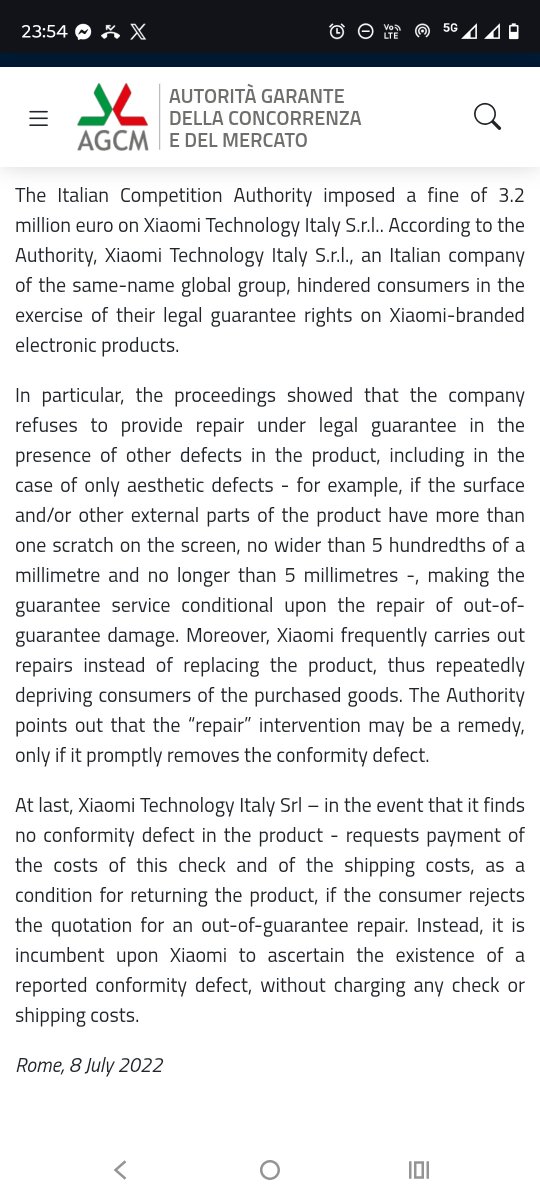 OrfeasTops's tweet photo. While dealing with my own warranty issues with @Xiaomi, I took a look at their track record in Europe.
Spoiler: It’s not just us.
In 2022, the Italian Competition Authority (AGCM) fined Xiaomi Italy €3.2 MILLION for unfair practices regarding warranties.
What were they doing?
🚫 Refusing warranty coverage over minor aesthetic scratches unrelated to the fault.
💰 Charging consumers inspection & shipping fees when refusing repair.
Sound familiar? 🤔
Under EU law, legal warranty is a right, not a favor. When regulatory authorities have to step in and issue multi-million euro fines, it shows a systemic issue.
Full update on my personal case coming soon. Stay tuned. ⏳
(Source: Italian Competition Authority AGCM, Case PS12184)
#Xiaomi #ConsumerRights #Tech #CustomerService #EULaw