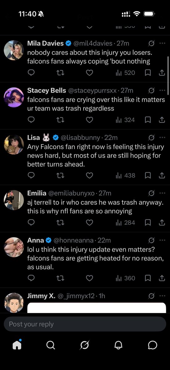 deuce_johnson23's tweet photo. These are the replies under the AJ Terrell injury tweet by Adam Schefter. I wonder why the bots are trained to hate on the #falcons 🤔 https://t.co/tBJ3Me5uCc