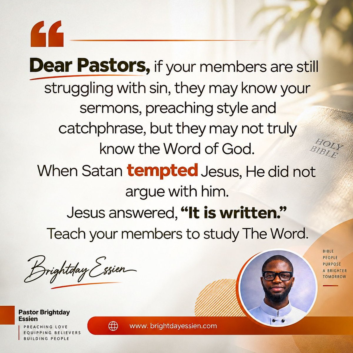 pastorbrightday's tweet photo. Dear Pastors,

If your members keep struggling with the same temptations and falling into the same sins, perhaps they know your sermons, but they do not yet know the Word of God for themselves.

Look at Jesus in the wilderness. https://t.co/muGEEe8tXc