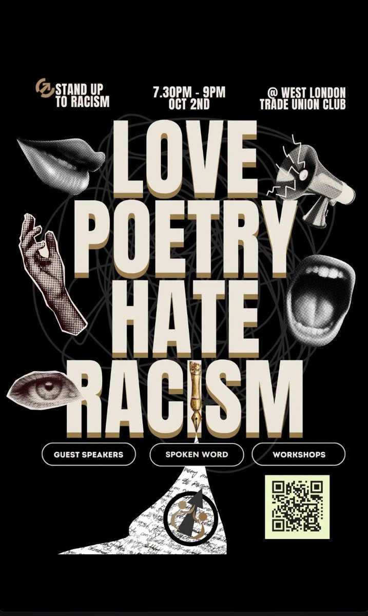 BZephaniah's tweet photo. Love poetry.
Resist racism.
Build unity.
Friday 2nd October
Scan the barcode. Join us. https://t.co/3jCBaLa5Gf