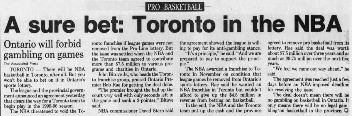MikeVorkunov's tweet photo. Biggest sign of how far the NBA and pro sports have come on gambling:

David Stern wouldn't let Toronto get its expansion franchise in the 1990s until Ontario stopped letting people bet on NBA games. The Vancouver ownership group preemptively reached a deal with BC to do the same.

From the great @SmithRaps in his 1994 story: "League officials said they didn't want people 'betting the grocery money' on games and wanted fans 'to cheer for the team, not the point spread.'"

David Stern: "It's a principle."